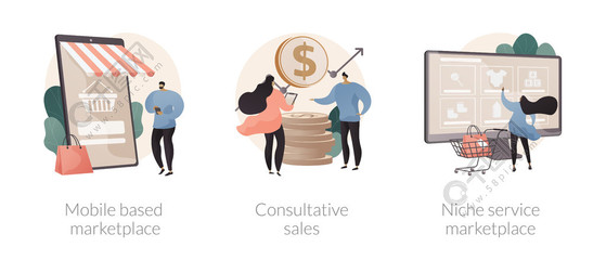 電子商務應用程序抽象概念矢量插圖集?；谝苿拥氖袌?、咨詢銷售、利基服務在線零售、使用智能手機抽象隱喻買賣產品。電子商務應用程序抽象概念矢量插圖。