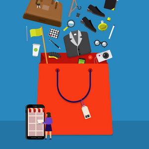 商業(yè)概念手機(jī)購(gòu)物在線電子商務(wù)。目前由商家咨詢屏幕。矢量插圖