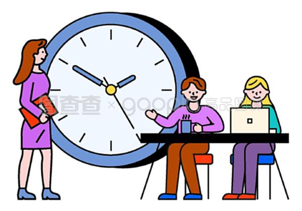 商務(wù)咨詢?nèi)藛T和與筆記本電腦的交流。工作時(shí)間、工作時(shí)間的男女。使用筆記本電腦的工人字符接近時(shí)鐘符號(hào),專(zhuān)業(yè)團(tuán)隊(duì)合作向量。與筆記本電腦合作的商務(wù)咨詢